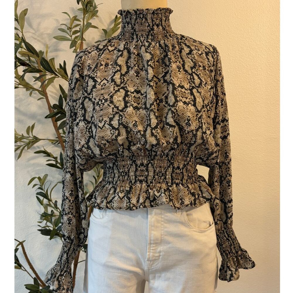 Shinestar Women’s Medium Snakeskin Smocked Mock Neck Peplum Blouse